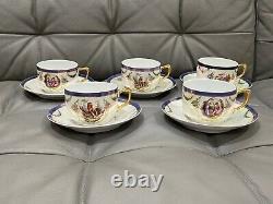 Vintage Antique Iridescent Porcelain Set of 5 Cups & Saucers with Figures Dec