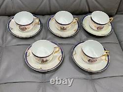 Vintage Antique Iridescent Porcelain Set of 5 Cups & Saucers with Figures Dec