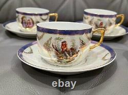 Vintage Antique Iridescent Porcelain Set of 5 Cups & Saucers with Figures Dec