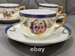Vintage Antique Iridescent Porcelain Set of 5 Cups & Saucers with Figures Dec