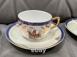 Vintage Antique Iridescent Porcelain Set of 5 Cups & Saucers with Figures Dec