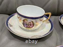 Vintage Antique Iridescent Porcelain Set of 5 Cups & Saucers with Figures Dec