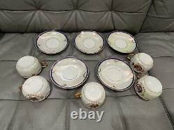 Vintage Antique Iridescent Porcelain Set of 5 Cups & Saucers with Figures Dec