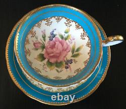 Vintage Aynsley Blue Tea Cup And Saucer Set With Large Pink Floating Rose