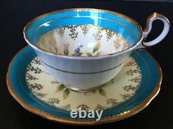 Vintage Aynsley Blue Tea Cup And Saucer Set With Large Pink Floating Rose