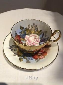 Vintage Aynsley Cabbage Rose Floral Gold Tea Cup Saucer Signed Bailey