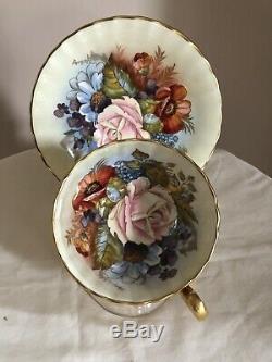 Vintage Aynsley Cabbage Rose Floral Gold Tea Cup Saucer Signed Bailey