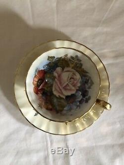 Vintage Aynsley Cabbage Rose Floral Gold Tea Cup Saucer Signed Bailey