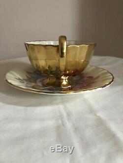 Vintage Aynsley Cabbage Rose Floral Gold Tea Cup Saucer Signed Bailey