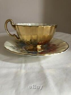 Vintage Aynsley Cabbage Rose Floral Gold Tea Cup Saucer Signed Bailey