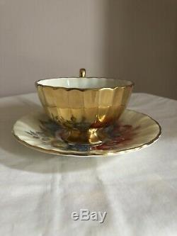 Vintage Aynsley Cabbage Rose Floral Gold Tea Cup Saucer Signed Bailey