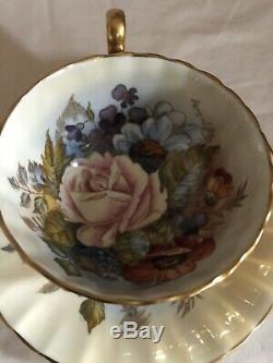 Vintage Aynsley Cabbage Rose Floral Gold Tea Cup Saucer Signed Bailey
