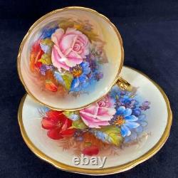 Vintage Aynsley J. A. Bailey Signed Hand Painted Cabbage Rose Cup Saucer
