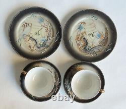 Vintage DragonWare Kutani Moriage Geisha Lithophane Demitasse Tea Cup & Saucers