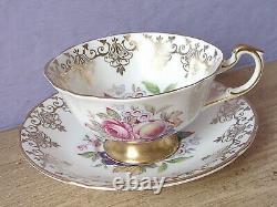 Vintage England pink rose fruit gold white bone china tea cup teacup and saucer