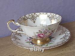 Vintage England pink rose fruit gold white bone china tea cup teacup and saucer