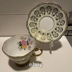 Vintage Foley EB Pale Green, Gold Cabbage Roses Bone China Tea Cup & Saucer