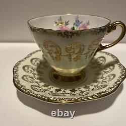 Vintage Foley EB Pale Green, Gold Cabbage Roses Bone China Tea Cup & Saucer