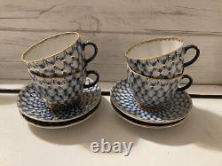 Vintage Imperial Porcelain Russian LFZ Cobalt Fishnet Teacups & Saucers Set of 4