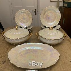 Vintage Iridescent Pearl Lustre Gold Dinner Set Service 6 person Czechoslovakia