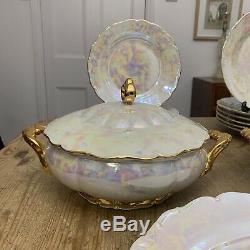 Vintage Iridescent Pearl Lustre Gold Dinner Set Service 6 person Czechoslovakia