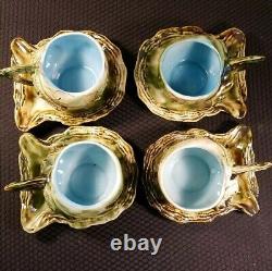 Vintage Japan Tea Cup Saucer Conch Oyster Shell Green blue Lot of 4