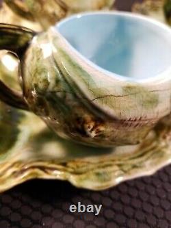 Vintage Japan Tea Cup Saucer Conch Oyster Shell Green blue Lot of 4