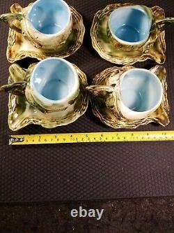 Vintage Japan Tea Cup Saucer Conch Oyster Shell Green blue Lot of 4