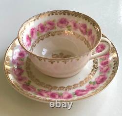 Vintage KPM Teacup Saucer Set GERMANY Serves 8 PINK ROSES Gold Trim 16-Pieces