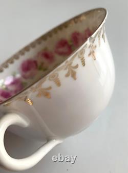 Vintage KPM Teacup Saucer Set GERMANY Serves 8 PINK ROSES Gold Trim 16-Pieces