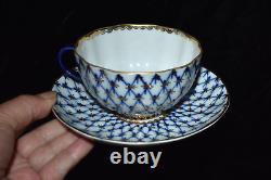 Vintage LOMONOSOV Porcelain Cobalt Gold Net Tea Cup and Saucer 4 Sets
