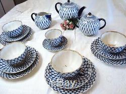 Vintage Lomonosov Russian Blue Cobalt Tea Set 19 pc, Bonus cup+serving dish too