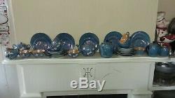 Vintage Lustreware Rising Sun Japan Blue With Cherry Blossoms Tea Set 23 Pcs EC