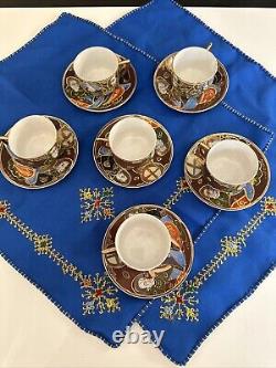 Vintage Made In Japan Hand Painted Moriage Six Tea Cups & Saucers two Tea Towels