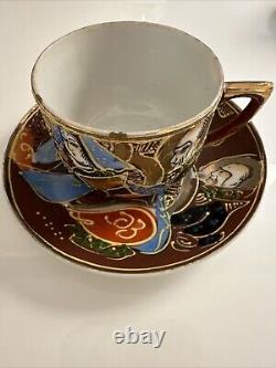 Vintage Made In Japan Hand Painted Moriage Six Tea Cups & Saucers two Tea Towels