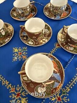 Vintage Made In Japan Hand Painted Moriage Six Tea Cups & Saucers two Tea Towels