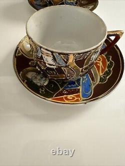 Vintage Made In Japan Hand Painted Moriage Six Tea Cups & Saucers two Tea Towels