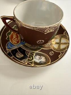 Vintage Made In Japan Hand Painted Moriage Six Tea Cups & Saucers two Tea Towels