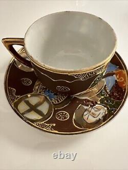 Vintage Made In Japan Hand Painted Moriage Six Tea Cups & Saucers two Tea Towels