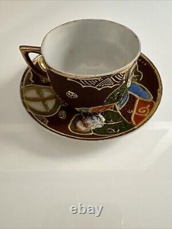 Vintage Made In Japan Hand Painted Moriage Six Tea Cups & Saucers two Tea Towels