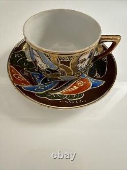 Vintage Made In Japan Hand Painted Moriage Six Tea Cups & Saucers two Tea Towels