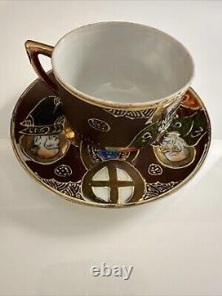 Vintage Made In Japan Hand Painted Moriage Six Tea Cups & Saucers two Tea Towels