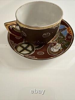 Vintage Made In Japan Hand Painted Moriage Six Tea Cups & Saucers two Tea Towels