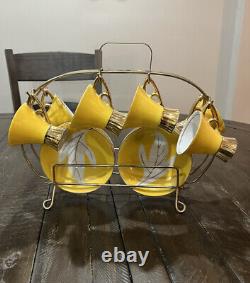 Vintage Napco Tea Set Yellow Gold Rack Leaf Saucer 4ZD-5415 Porcelain Set Of 6