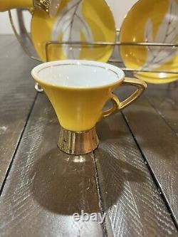 Vintage Napco Tea Set Yellow Gold Rack Leaf Saucer 4ZD-5415 Porcelain Set Of 6