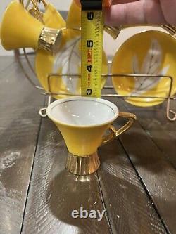 Vintage Napco Tea Set Yellow Gold Rack Leaf Saucer 4ZD-5415 Porcelain Set Of 6