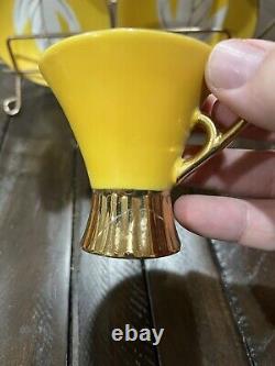 Vintage Napco Tea Set Yellow Gold Rack Leaf Saucer 4ZD-5415 Porcelain Set Of 6