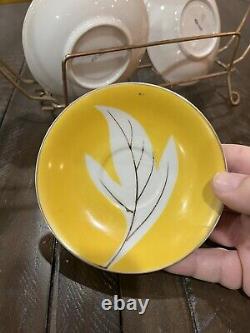 Vintage Napco Tea Set Yellow Gold Rack Leaf Saucer 4ZD-5415 Porcelain Set Of 6