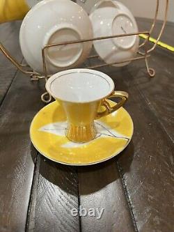 Vintage Napco Tea Set Yellow Gold Rack Leaf Saucer 4ZD-5415 Porcelain Set Of 6
