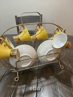 Vintage Napco Tea Set Yellow Gold Rack Leaf Saucer 4ZD-5415 Porcelain Set Of 6